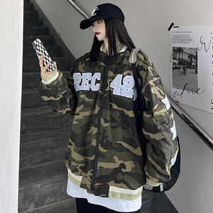美式高街字母刺绣迷彩棒球服外套复古立领夹克男女102B-JK1217P75图片