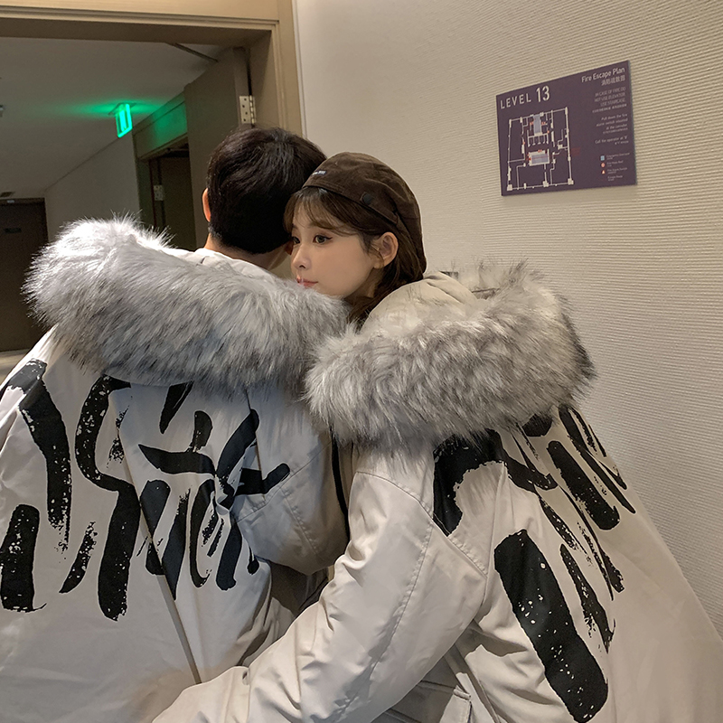 冬装加厚中长款涂鸦字母大口袋宽松连帽情侣羽绒服102B-Y2165P165，男装羽绒服，星座102B