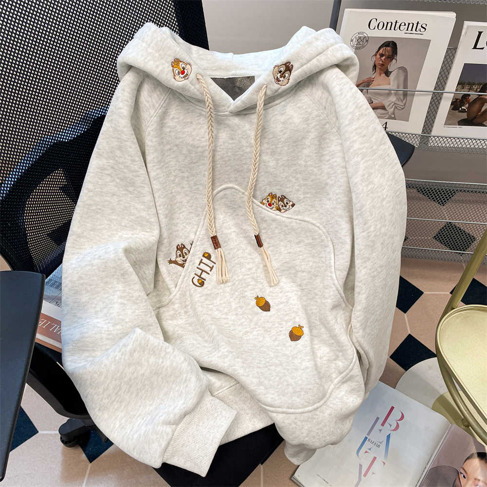 秋2025刺绣连帽卫衣秋冬慵懒风可爱外套上衣102B-W2760P55加绒65,女装短外套,星座102B