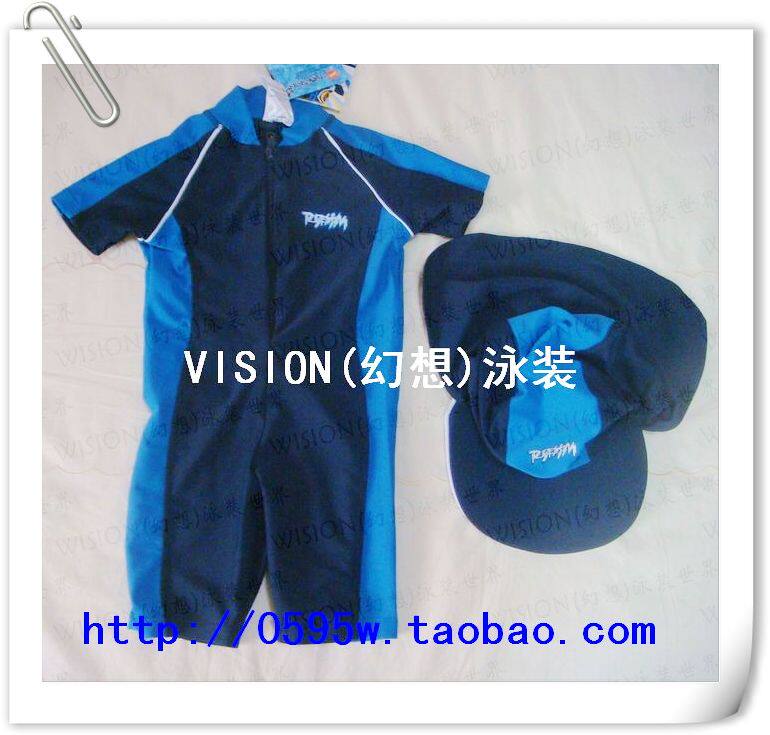 蓝色短袖连体冲浪服带帽游泳衣