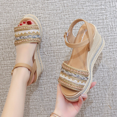 2025夏季 女 波西米亚风配裙子海边沙滩一字带厚底坡跟凉鞋 新款 时尚