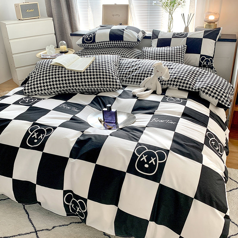 全棉黑白北欧简约风床上四件套被套床单床笠宿舍三件套四季通用