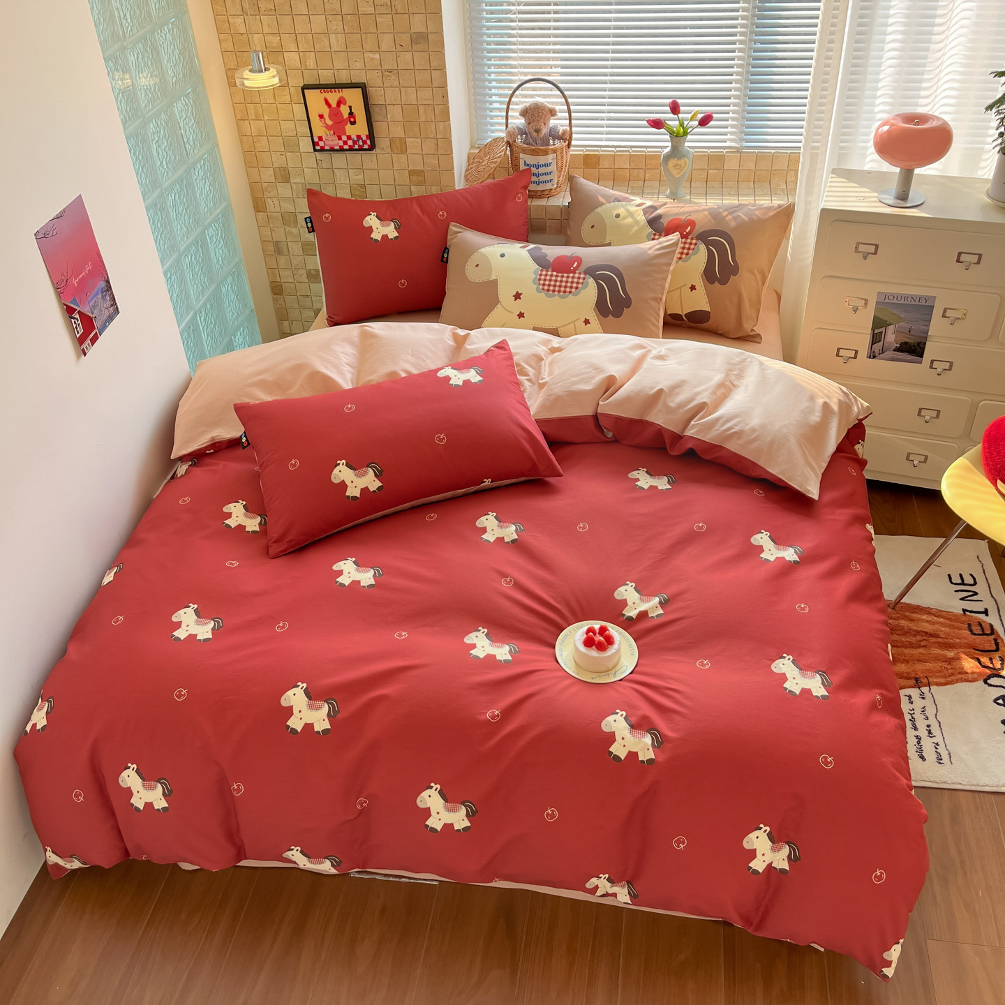 红色马年全棉四件套床单可爱被套学生宿舍床单被罩床笠三件套床品