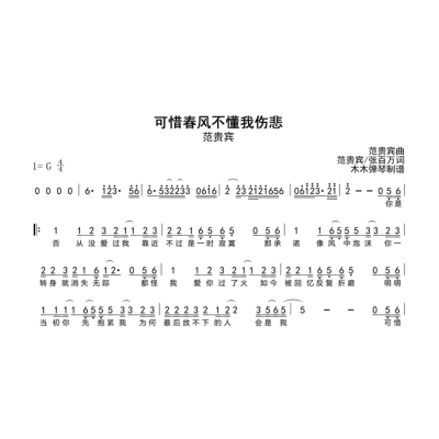 范贵宾 - 可惜春风不懂我伤悲 简谱吉他谱电子版高清图片完整曲谱