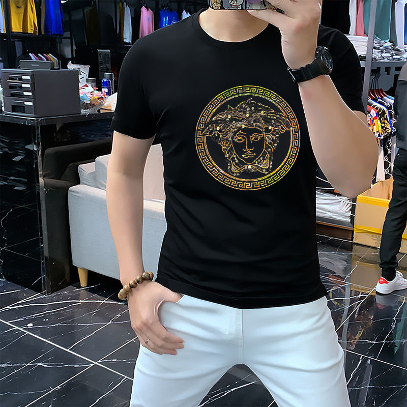 大码夏季男潮男T恤时尚百搭烫钻丝光棉短袖修身