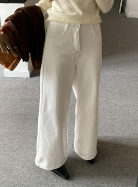 黄峥韩版加绒白色牛仔裤女冬高腰显瘦百搭阔腿休闲拖地长裤541110