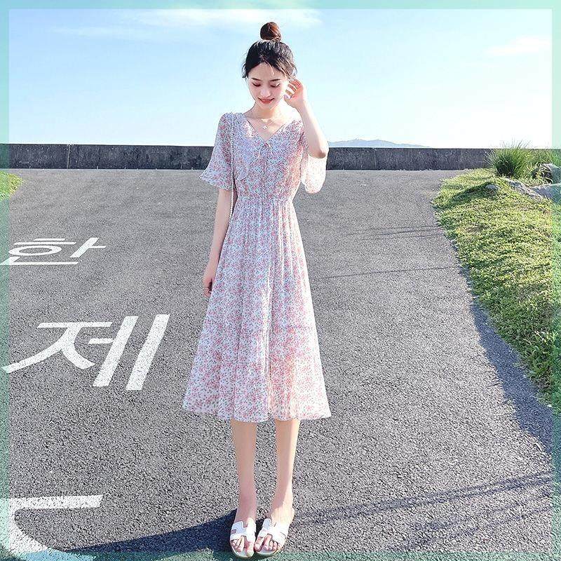小清新碎花雪纺连衣裙女2024新款夏装收腰显瘦气质小个子a字裙子.