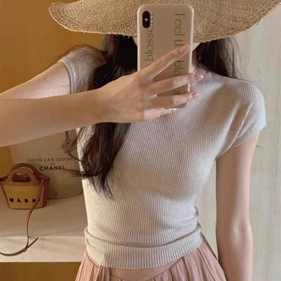 冰丝针织短袖T恤女夏款设计感套头气质紧身修身收腰短款温柔上衣
