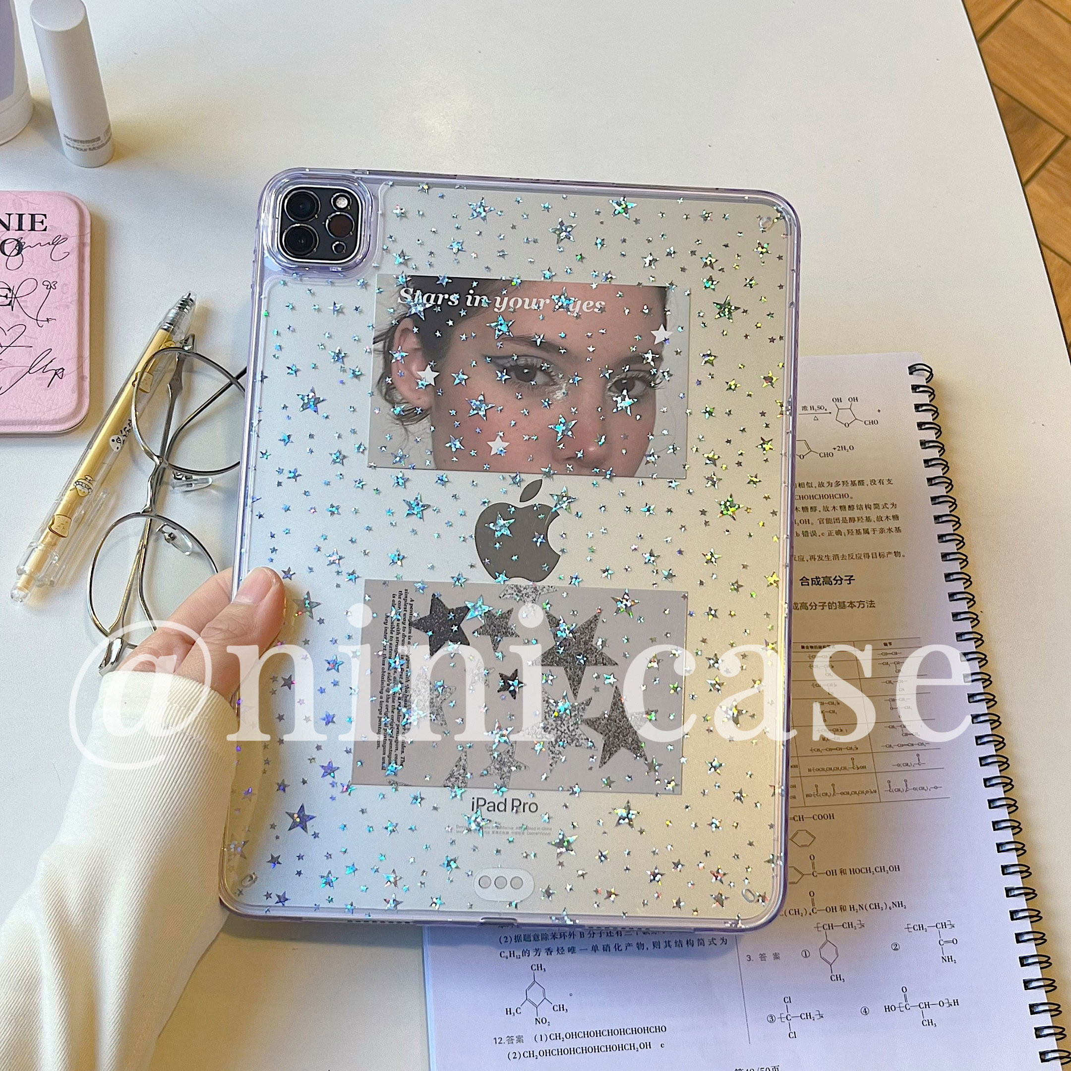 nini/星星背卡/配色边 低饱和紫色ipad壳无笔槽全包后盖p