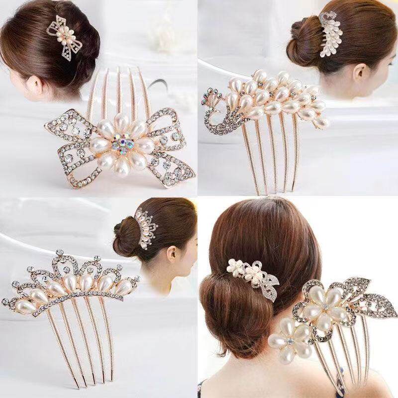 韩版新娘珍珠花朵镶钻丸子头盘发簪子发插水钻U型夹发叉插梳发饰