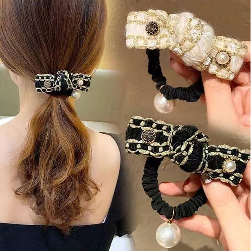 秋冬小香风蝴蝶结珍珠吊坠镶钻复古气质发圈发绳扎马尾头绳发饰品