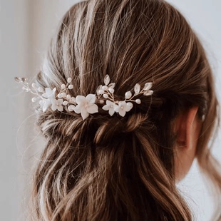欧美复古新娘婚礼配饰品手工珍珠水钻发叉盘发插针套装 陶瓷花发簪