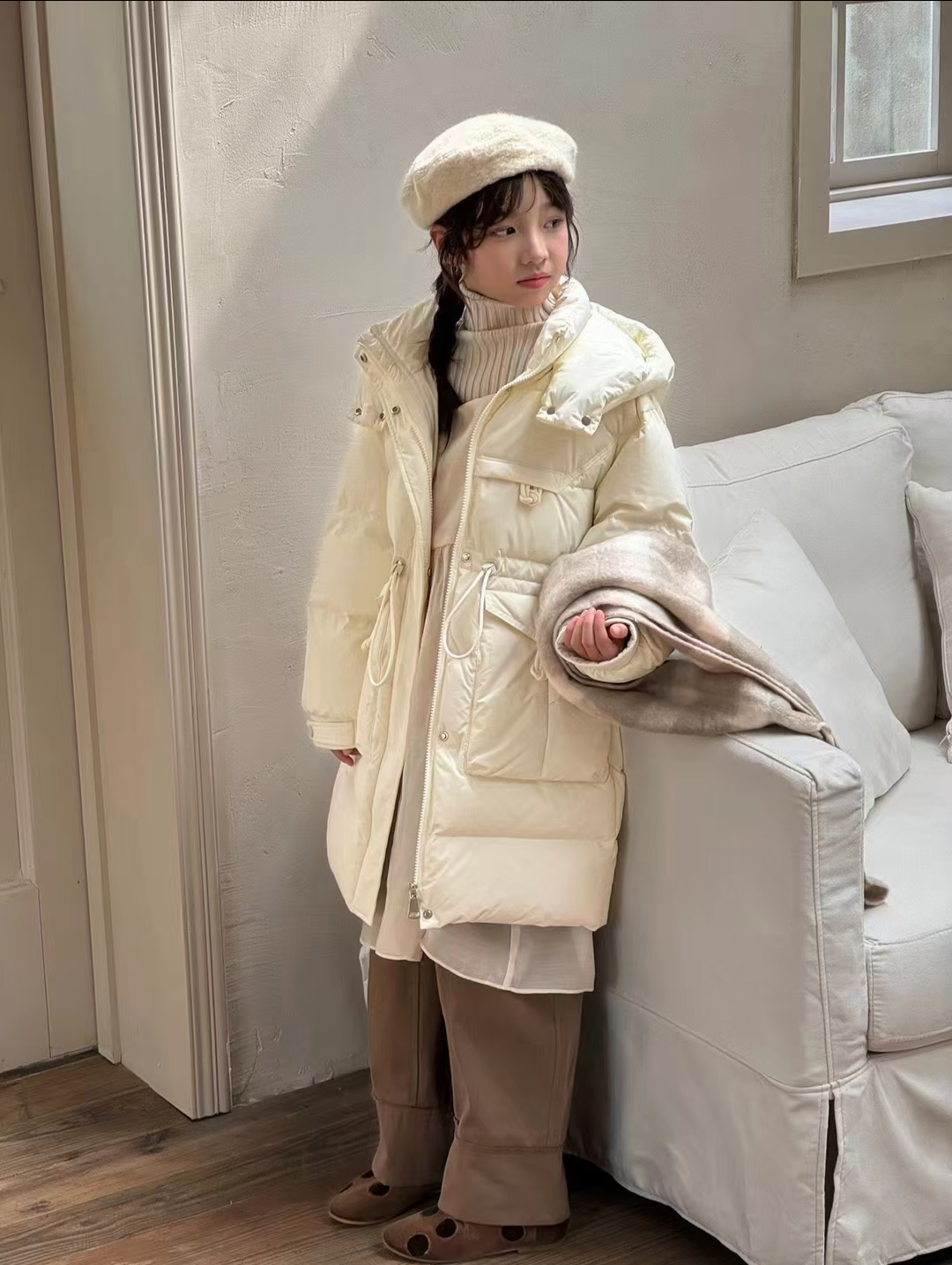 2025新款OK100中长款儿童羽绒服女童中大童90白鸭绒女孩保暖外套