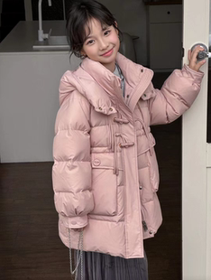 ok100中大童女童中长款羽绒服24新款韩系粉色新中式盘扣防寒外套