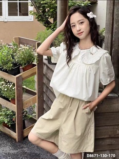 咚町小站娃娃领甜美新款上衣女刺绣木耳边衬衫清新短袖夏季套装