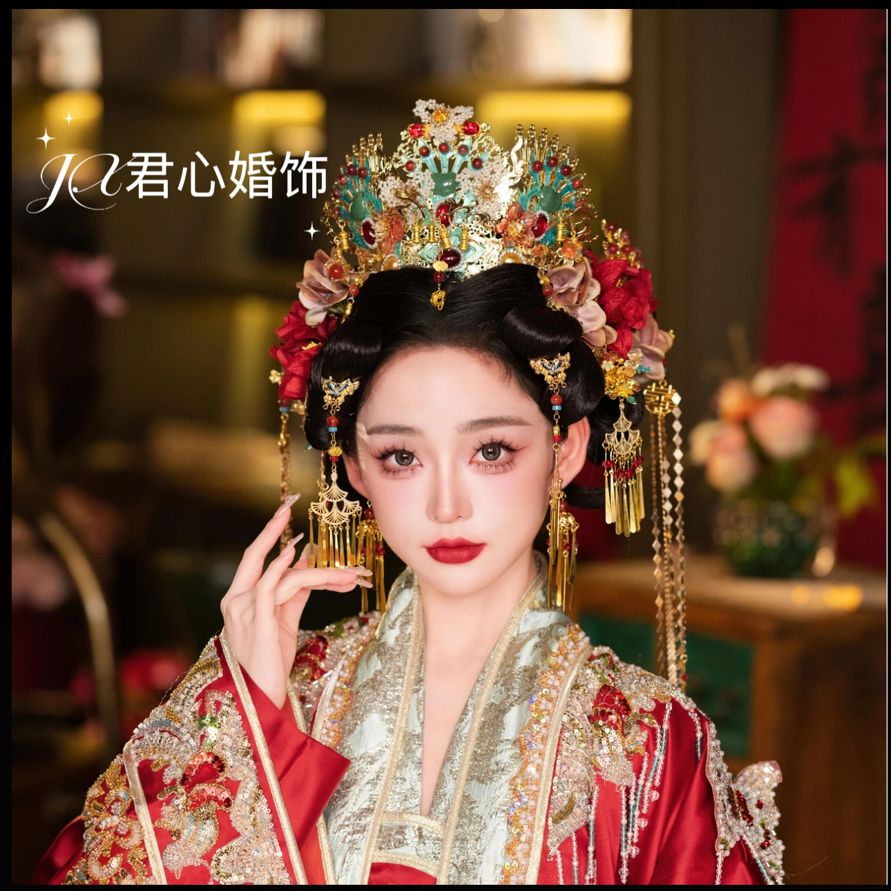 君心家 4188汉唐风花钿头饰金绿花冠中式新娘头饰