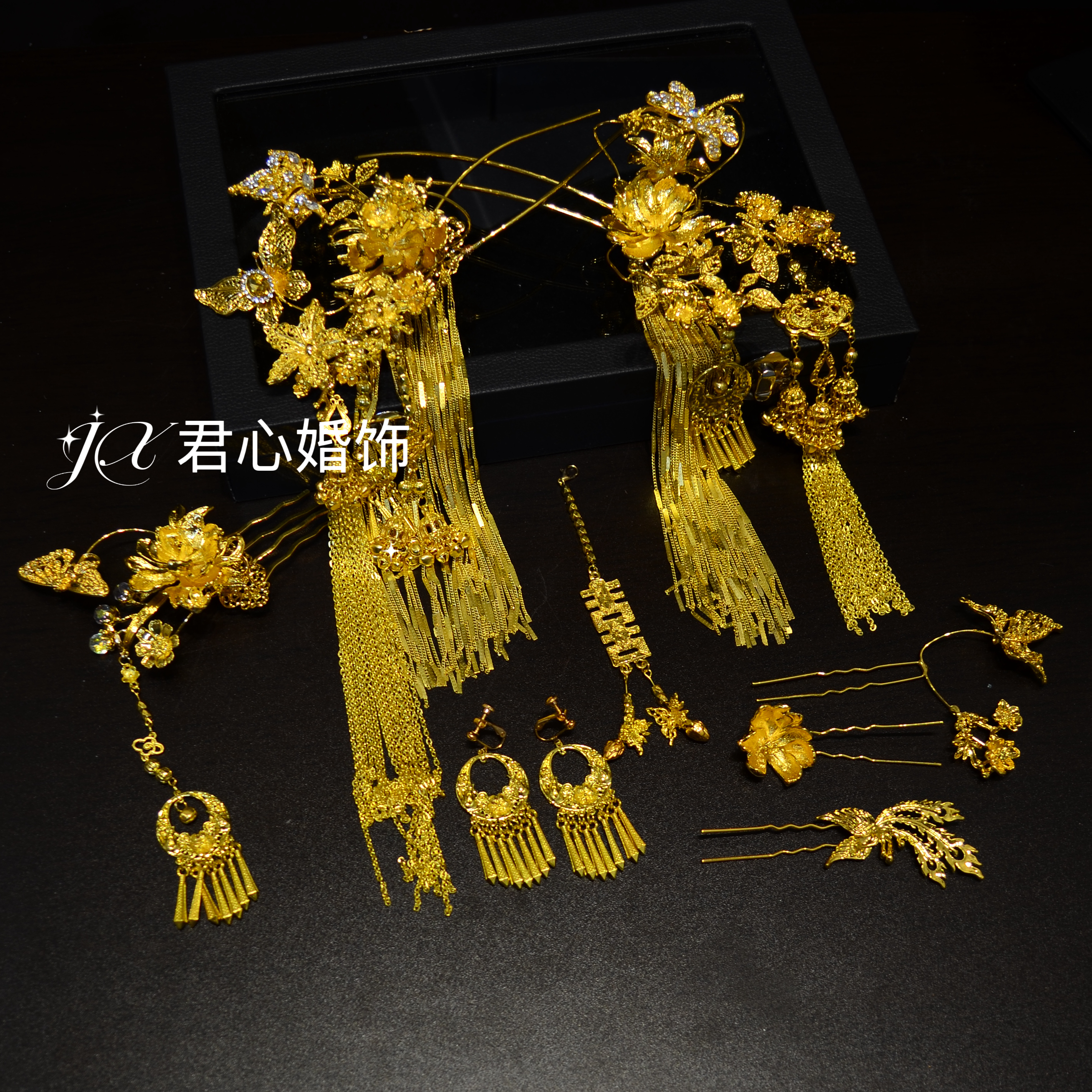 君心家 6336纯金色古风金线流苏发簪额饰套装新娘中式秀禾九件套