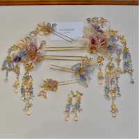 君心家 厚質(zhì)水晶琉璃花藍(lán)粉發(fā)釵七件套甜美新娘中式淺色秀禾頭飾