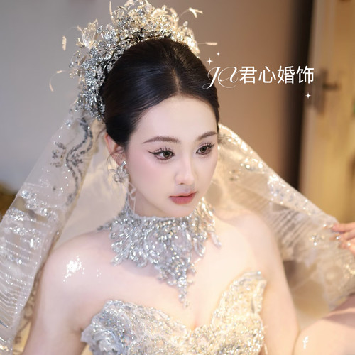 君心家 ETE铜锆软冠羽毛发条两件套 甜美新娘主纱头饰