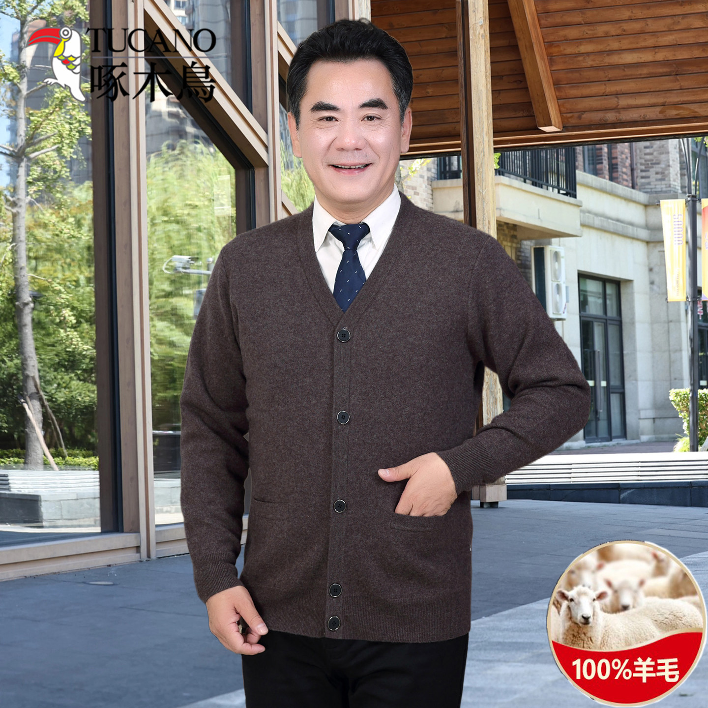 啄木鸟中老年人男士V领开衫毛衣外套爸爸秋装纯羊毛衫老人针织衫