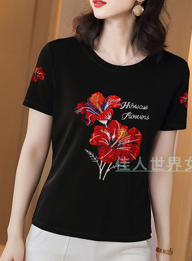 2026新款玫瑰花短袖T恤女夏 加肥加大码中老年妈妈装洋气红色上衣