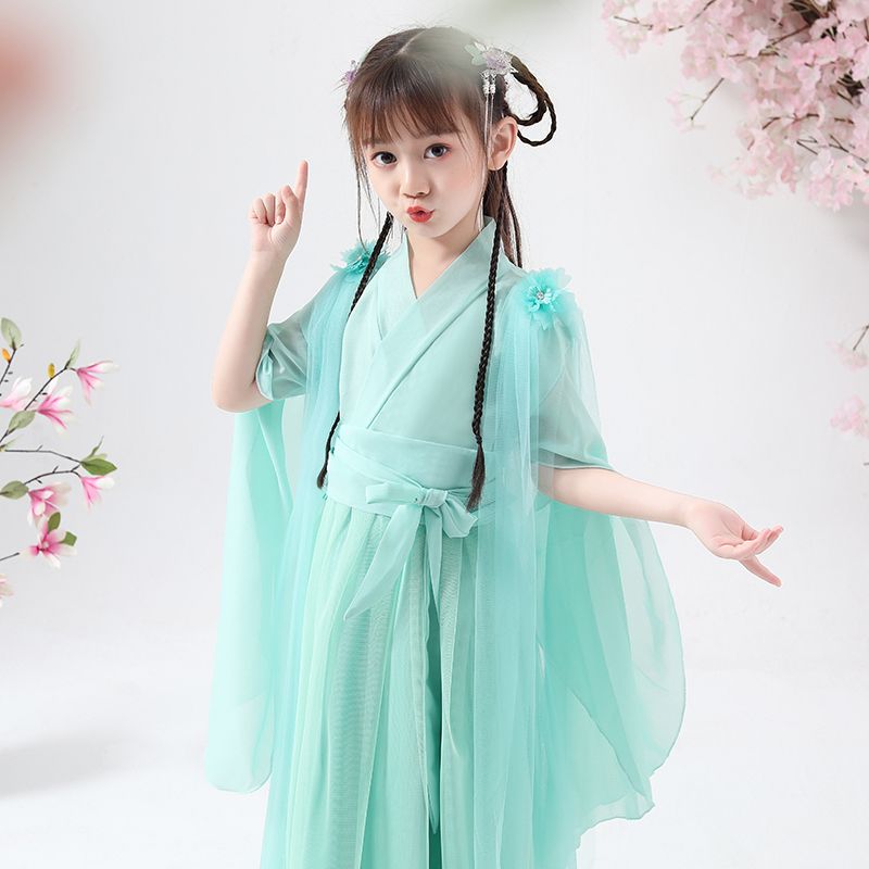 汉服儿童装古风女童古装唐装古筝超仙连衣裙子樱花公主夏装演出服