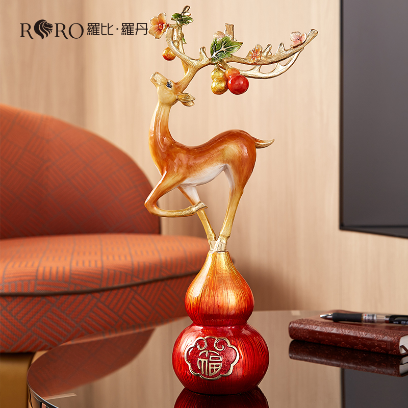 罗比罗丹《福禄呈祥》梅花鹿摆件珐琅彩工艺家居客厅酒柜装饰品