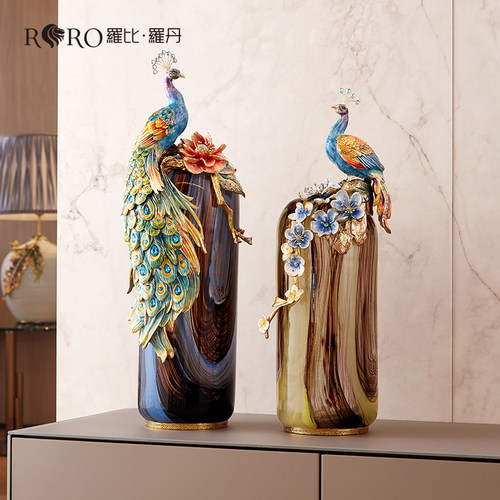 罗比罗丹《富贵吉祥》孔雀花瓶摆件珐琅彩工艺家居饰品乔迁礼物