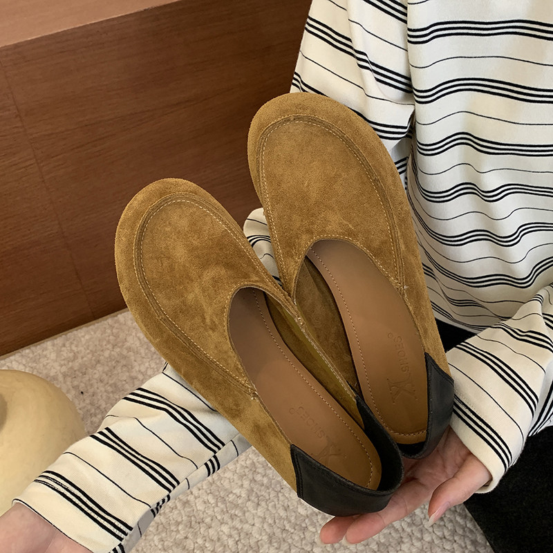 进口反绒真皮一脚蹬乐福女单鞋