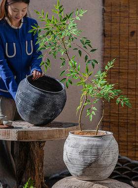 镁泥花盆圆形大肚陶罐绿植盆装饰