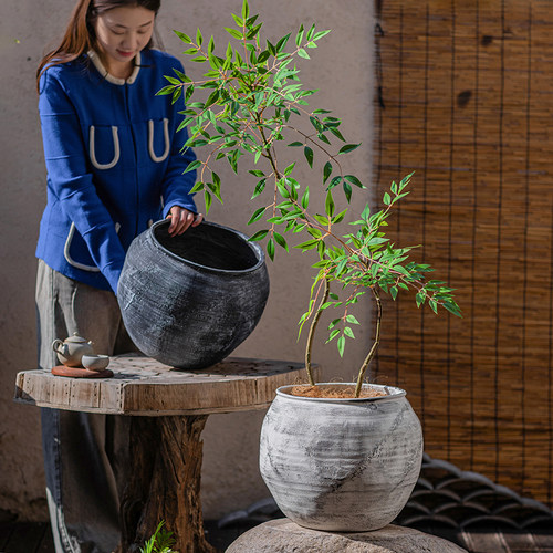 镁泥花盆圆形大肚陶罐绿植盆装饰