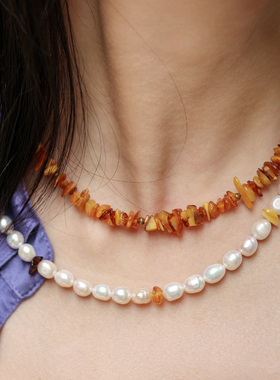 屿棠造饰女天然淡水珍珠琥珀项链