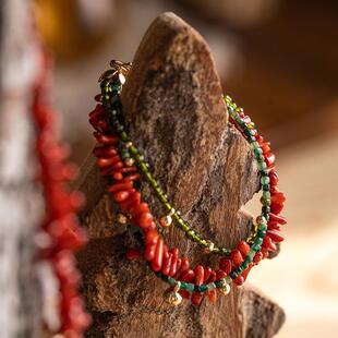 屿棠原创小众设计波西米亚项链碎石彩色水晶珊瑚玉石锁骨链手链