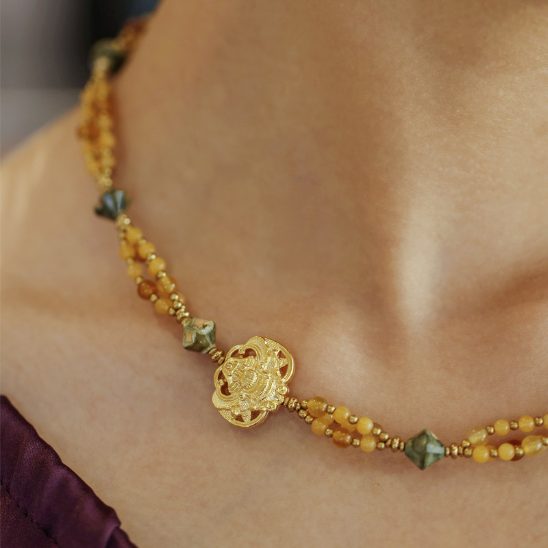 屿棠国风黄玛瑙黄玉雀仔石镀金蝙蝠黄铜隔珠原创设计师项链礼物