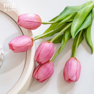 掬涵郁金香仿真花PU手感保湿 饰拍照花束 高档假花客厅插花摆件装