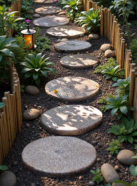 掬涵田园庭院铺路石圆形石头磨盘垫脚石踏步石青石板台阶庭院造景