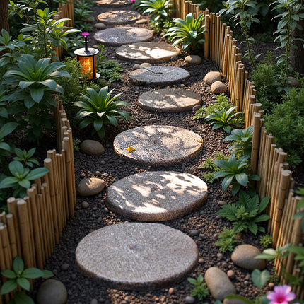 掬涵田园庭院铺路石圆形石头磨盘垫脚石踏步石青石板台阶庭院造景
