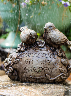 掬涵welcome欢迎门牌创意庭院杂货装饰摆件水泥小鸟石头碑雕花园