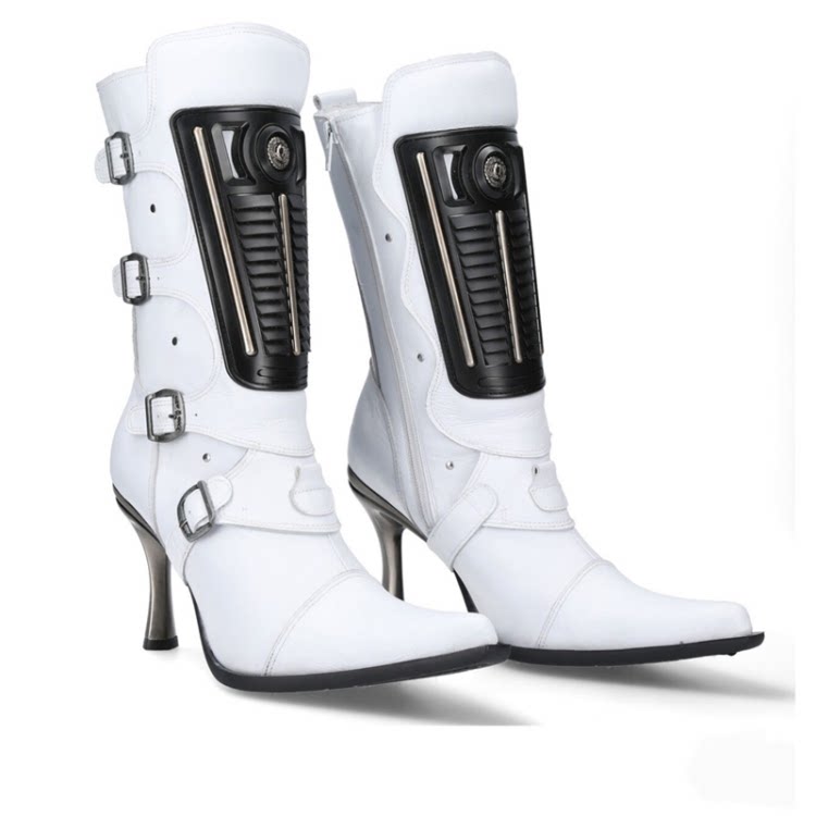 new rock秋冬新款赛博朋克金属尖头中筒西部靴牛仔靴高跟真皮女靴