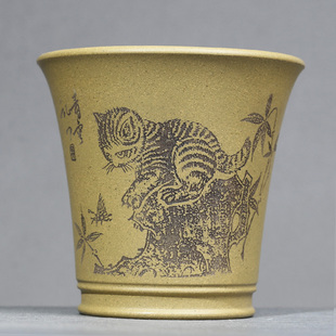 宜兴紫砂杯全手工主人杯原矿本山绿泥刻绘猫品茗杯功夫茶杯单杯