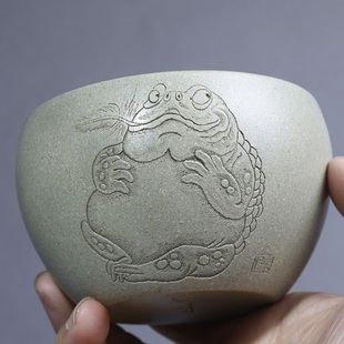 宜兴紫砂杯纯全手工刻绘主人杯原矿本山绿泥逍遥杯大号品茗杯单杯