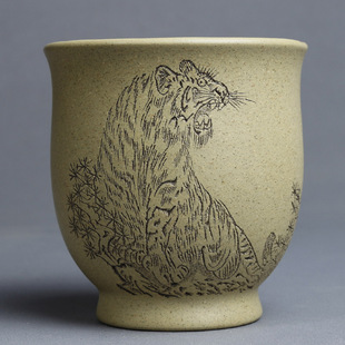 宜兴紫砂杯纯全手工刻绘老虎主人杯原矿本山绿泥茶杯品茗杯单杯