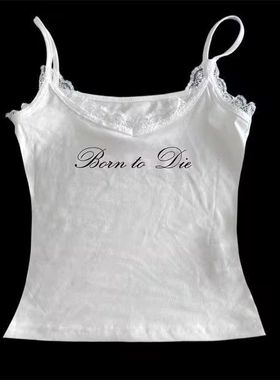 MoKie跨境新款无袖蕾丝复古字母印花吊带 显瘦苗条短款上衣批发