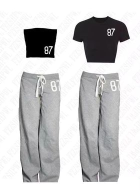 MoKie跨境新款美式宽松数字印花休闲松紧腰长裤 时尚潮流清新卫裤