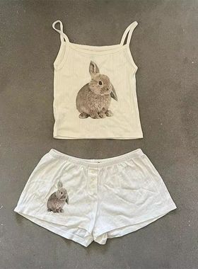 MoKie跨境可爱甜美兔子印花夏季吊带上衣 休闲时尚显瘦松紧短裤