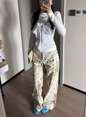 MoKiey2k美式复古高街vibe休闲阔腿裤豹纹印花设计感拖地裤宽松牛