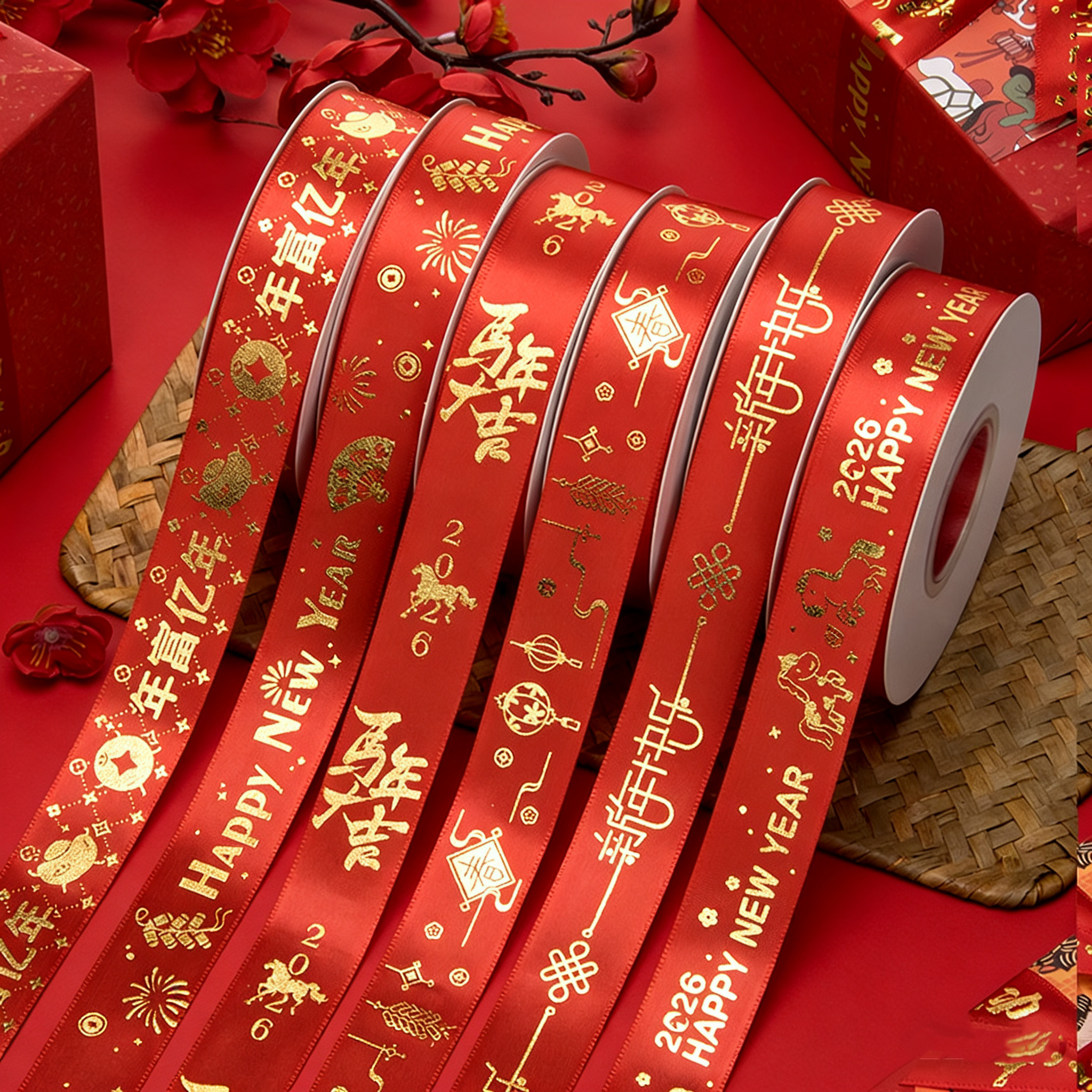 2026新年丝带过年喜庆礼品包装蛋糕彩带红色烫金马年春节装饰祝福