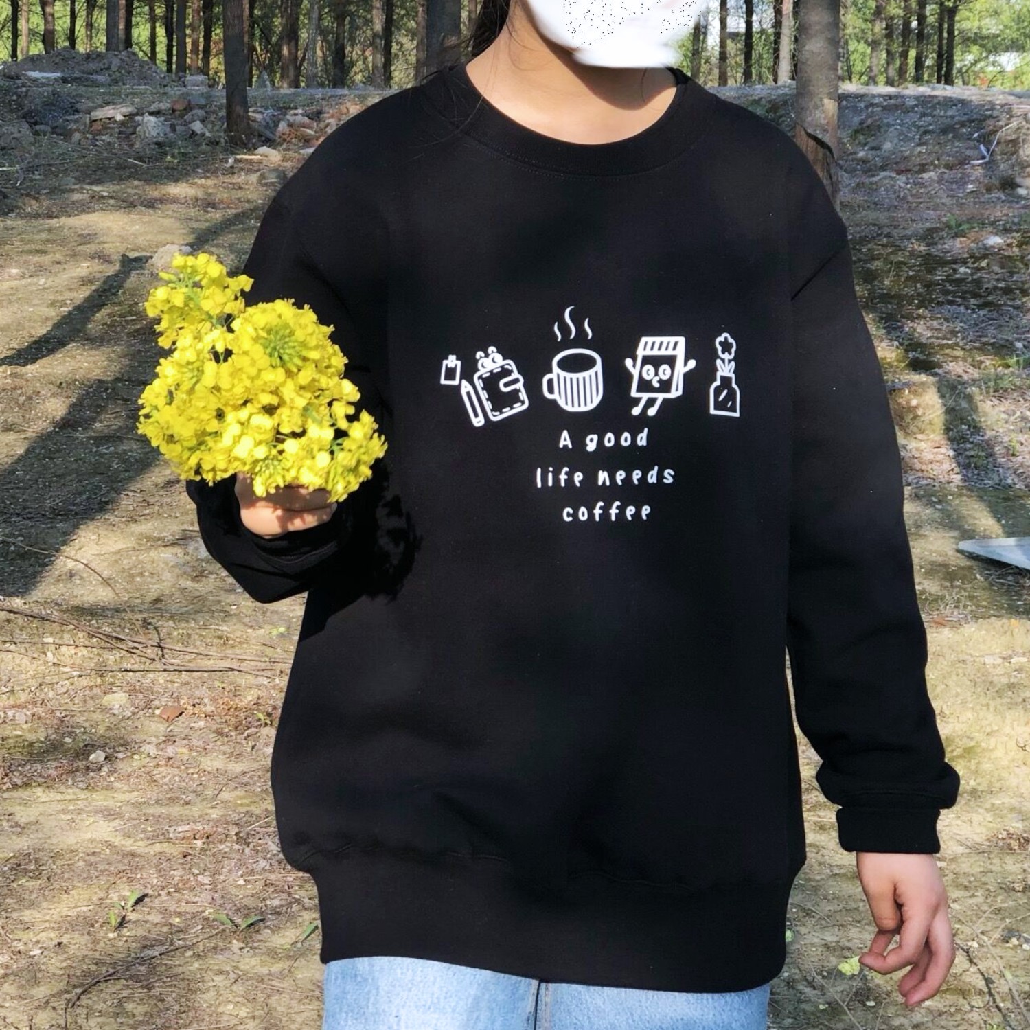 coffee咖啡少女孩春秋季原创小众小清新薄绒圆领套头卫衣文艺上衣