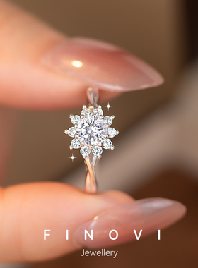 纯银雪花戒指莫桑石钻戒仿真女小众设计感时尚个性食指戒婚戒活口