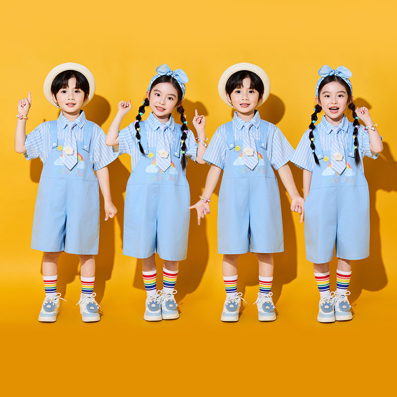 六一儿童演出服小学生运动会啦啦操班服合唱服表演条纹衬衫背带裤